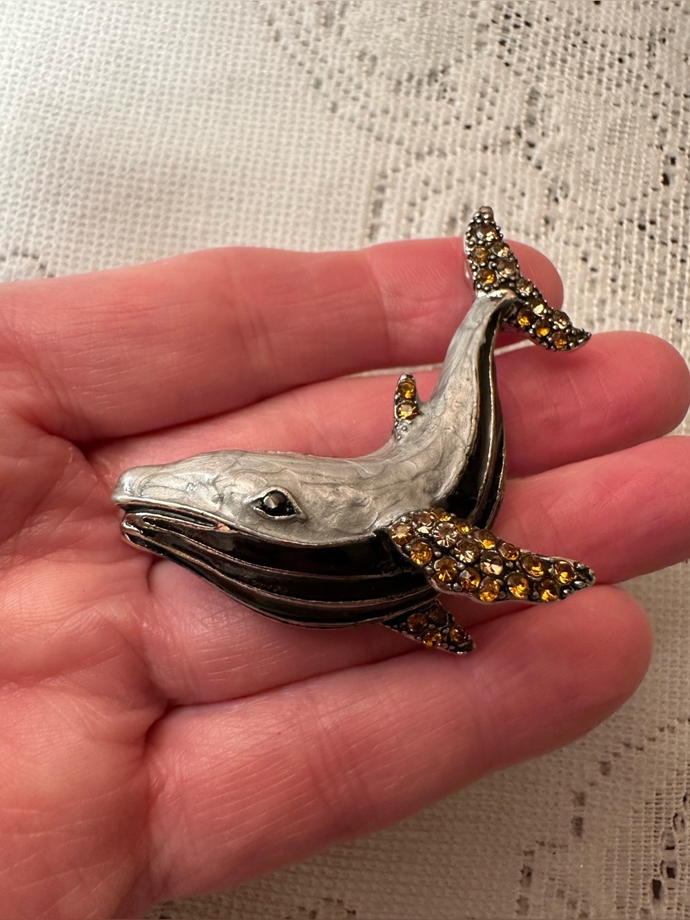 Silver Whale Ornament Brooch with Amber Rhinestones